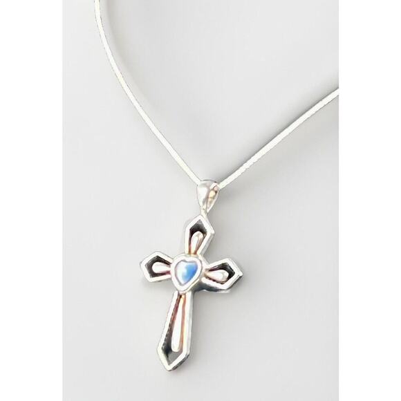 Sterling Silver FACETED STONE CROSS w Center Stone Pendant 925 MO & Necklace VTG - Picture 2 of 14